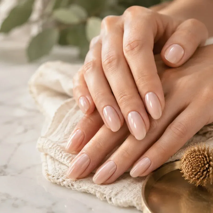 Mains aux ongles nude glossy, renfort semi-permanent naturel