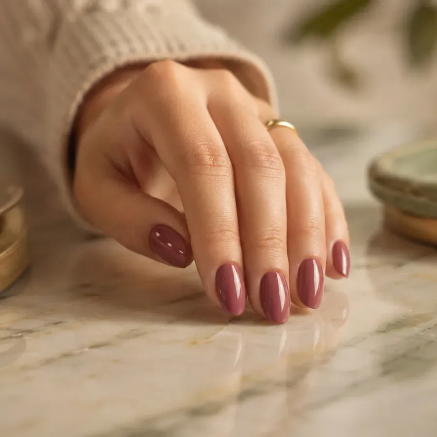 Vernis semi-permanent vieux rose brillant sur ongles ovales