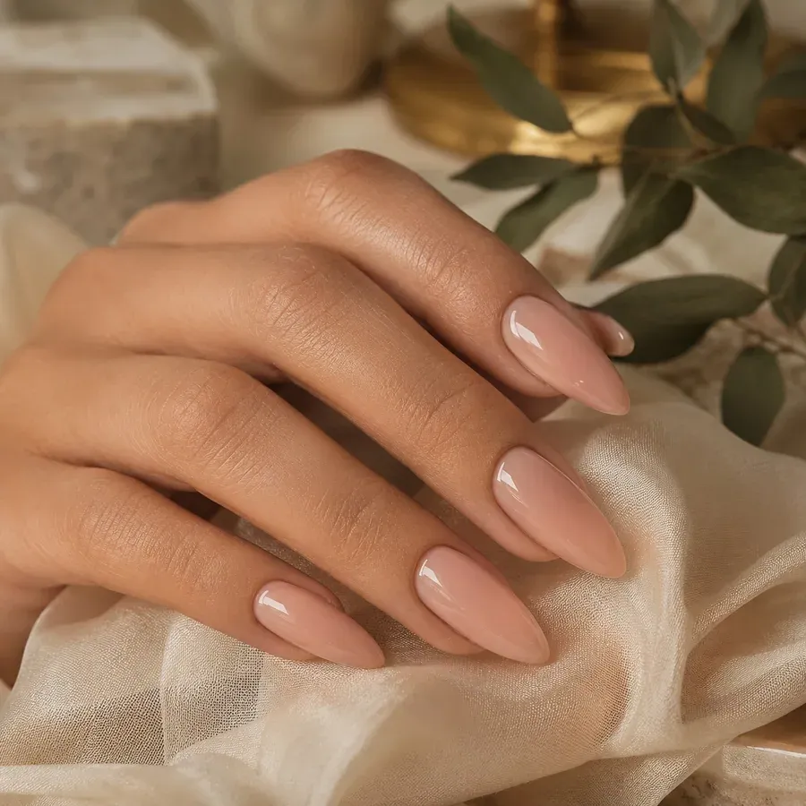 Pose de gel nude rosé ultra-brillant, forme amande